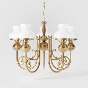 Nautical style chandelier five lights with white glass shades brass structure and maritime-inspired details by Ghidini 1849 - Finish: OBS Bronze Satin Brass