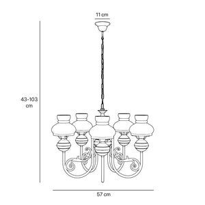 Nautical style chandelier five lights with white glass shades brass structure and maritime-inspired details by Ghidini 1849