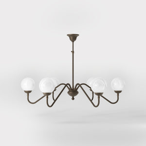 Art Deco chandelier with six glossy white glass spheres and brass structure, elegant Italian design for interior lighting - Finish: OBM Bronze Satin Matt Brass