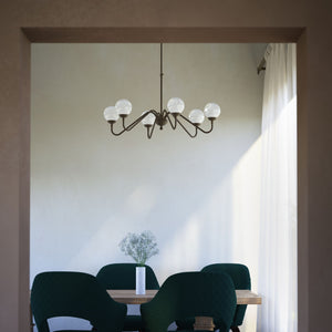 Art Deco chandelier with six glossy white glass spheres and brass structure, elegant Italian design for interior lighting - Finish: OBM Bronze Satin Matt Brass