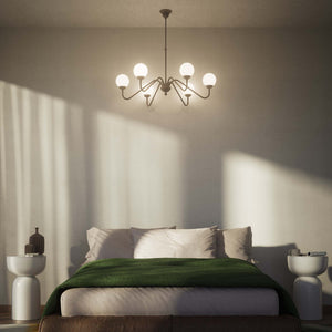 Art Deco chandelier with six glossy white glass spheres and brass structure, elegant Italian design for interior lighting - Finish: OBM Bronze Satin Matt Brass