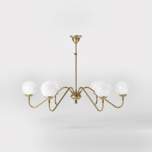 Art Deco chandelier with six glossy white glass spheres and brass structure, elegant Italian design for interior lighting - Finish: OBS Bronze Satin Brass