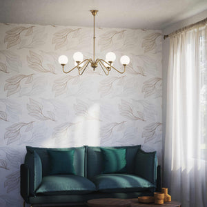 Art Deco chandelier with six glossy white glass spheres and brass structure, elegant Italian design for interior lighting - Finish: OBS Bronze Satin Brass