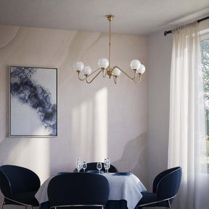 Art Deco chandelier with six glossy white glass spheres and brass structure, elegant Italian design for interior lighting - Finish: OBS Bronze Satin Brass