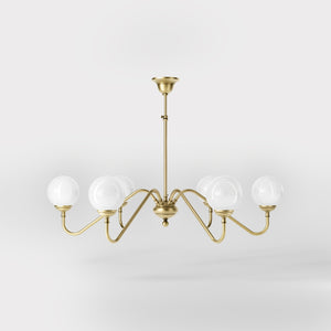 Art Deco chandelier with six glossy white glass spheres and brass structure, elegant Italian design for interior lighting - Finish: OBV Bronze Satin Light Brass