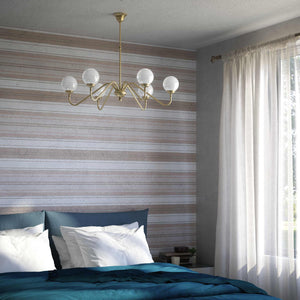 Art Deco chandelier with six glossy white glass spheres and brass structure, elegant Italian design for interior lighting - Finish: OBV Bronze Satin Light Brass