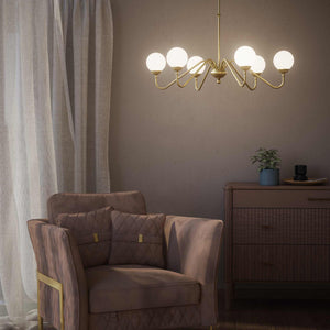 Art Deco chandelier with six glossy white glass spheres and brass structure, elegant Italian design for interior lighting - Finish: OBV Bronze Satin Light Brass