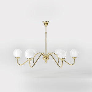 Art Deco chandelier with six glossy white glass spheres and brass structure, elegant Italian design for interior lighting - Finish: OLV Polished Brass