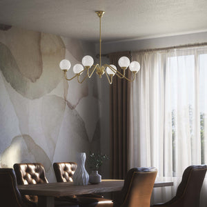 Art Deco chandelier with six glossy white glass spheres and brass structure, elegant Italian design for interior lighting - Finish: OLV Polished Brass