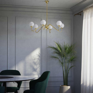 Art Deco chandelier with six glossy white glass spheres and brass structure, elegant Italian design for interior lighting - Finish: OLV Polished Brass