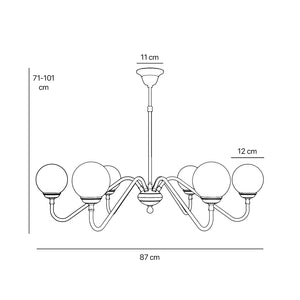 Art Deco chandelier with six glossy white glass spheres and brass structure, elegant Italian design for interior lighting