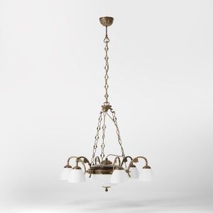 Brass chandelier with six arms and speckled white glass lampshades, classic and elegant design by Ghidini 1849 - Finish: OAS Antique Brass