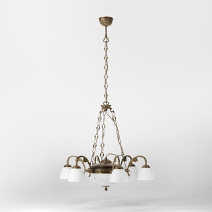Brass chandelier with six arms and speckled white glass lampshades, classic and elegant design by Ghidini 1849 - Finish: OAS Antique Brass