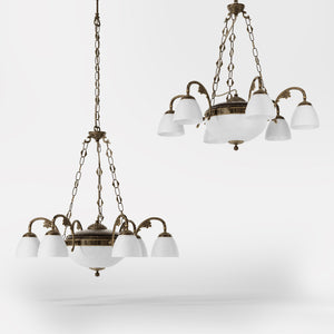 Brass chandelier with six arms and speckled white glass lampshades, classic and elegant design by Ghidini 1849 - Finish: OAS Antique Brass