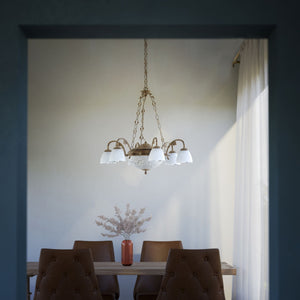 Brass chandelier with six arms and speckled white glass lampshades, classic and elegant design by Ghidini 1849 - Finish: OAS Antique Brass