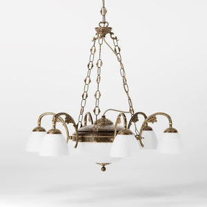 Brass chandelier with six arms and speckled white glass lampshades, classic and elegant design by Ghidini 1849 - Finish: OAS Antique Brass