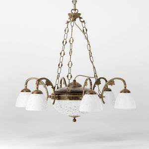 Brass chandelier with six arms and speckled white glass lampshades, classic and elegant design by Ghidini 1849 - Finish: OAS Antique Brass