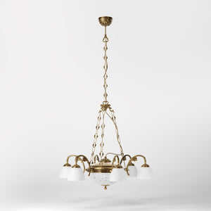 Brass chandelier with six arms and speckled white glass lampshades, classic and elegant design by Ghidini 1849 - Finish: OBS Bronze Satin Brass