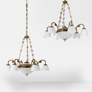 Brass chandelier with six arms and speckled white glass lampshades, classic and elegant design by Ghidini 1849 - Finish: OBS Bronze Satin Brass