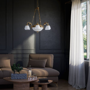 Brass chandelier with six arms and speckled white glass lampshades, classic and elegant design by Ghidini 1849 - Finish: OBS Bronze Satin Brass
