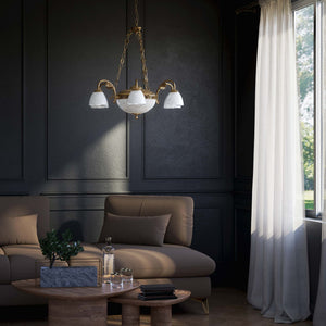 Brass chandelier with six arms and speckled white glass lampshades, classic and elegant design by Ghidini 1849 - Finish: OBS Bronze Satin Brass