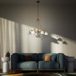 Brass chandelier with six arms and speckled white glass lampshades, classic and elegant design by Ghidini 1849 - Finish: OBS Bronze Satin Brass