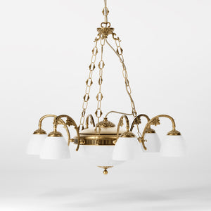 Brass chandelier with six arms and speckled white glass lampshades, classic and elegant design by Ghidini 1849 - Finish: OBS Bronze Satin Brass