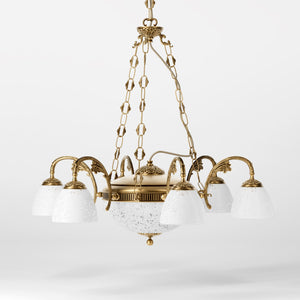 Brass chandelier with six arms and speckled white glass lampshades, classic and elegant design by Ghidini 1849 - Finish: OBS Bronze Satin Brass