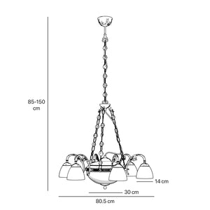 Brass chandelier with six arms and speckled white glass lampshades, classic and elegant design by Ghidini 1849