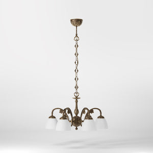 Art Nouveau brass chandelier with six arms and speckled white glass, ideal for elegant interiors by Ghidini 1849 - Finish: OAS Antique Brass