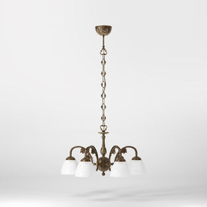 Art Nouveau brass chandelier with six arms and speckled white glass, ideal for elegant interiors by Ghidini 1849 - Finish: OAS Antique Brass