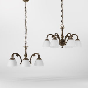 Art Nouveau brass chandelier with six arms and speckled white glass, ideal for elegant interiors by Ghidini 1849 - Finish: OAS Antique Brass