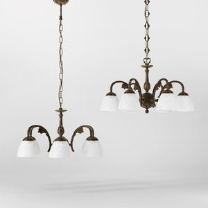 Art Nouveau brass chandelier with six arms and speckled white glass, ideal for elegant interiors by Ghidini 1849 - Finish: OAS Antique Brass