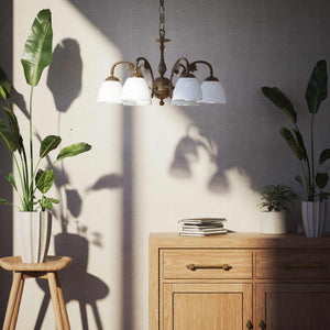 Art Nouveau brass chandelier with six arms and speckled white glass, ideal for elegant interiors by Ghidini 1849 - Finish: OAS Antique Brass