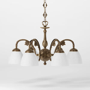 Art Nouveau brass chandelier with six arms and speckled white glass, ideal for elegant interiors by Ghidini 1849 - Finish: OAS Antique Brass
