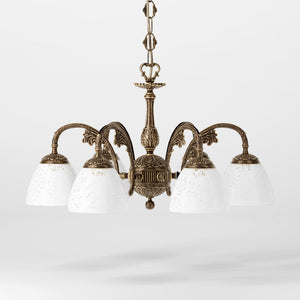 Art Nouveau brass chandelier with six arms and speckled white glass, ideal for elegant interiors by Ghidini 1849 - Finish: OAS Antique Brass