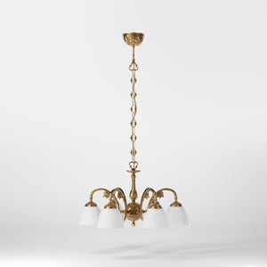 Art Nouveau brass chandelier with six arms and speckled white glass, ideal for elegant interiors by Ghidini 1849 - Finish: OBS Bronze Satin Brass