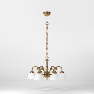 Art Nouveau brass chandelier with six arms and speckled white glass, ideal for elegant interiors by Ghidini 1849 - Finish: OBS Bronze Satin Brass