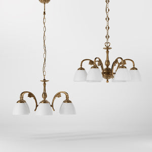Art Nouveau brass chandelier with six arms and speckled white glass, ideal for elegant interiors by Ghidini 1849 - Finish: OBS Bronze Satin Brass