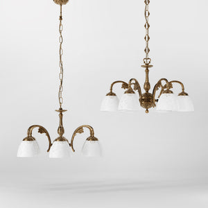 Art Nouveau brass chandelier with six arms and speckled white glass, ideal for elegant interiors by Ghidini 1849 - Finish: OBS Bronze Satin Brass