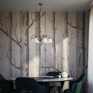 Art Nouveau brass chandelier with six arms and speckled white glass, ideal for elegant interiors by Ghidini 1849 - Finish: OBS Bronze Satin Brass