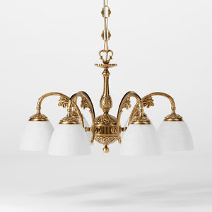 Art Nouveau brass chandelier with six arms and speckled white glass, ideal for elegant interiors by Ghidini 1849 - Finish: OBS Bronze Satin Brass