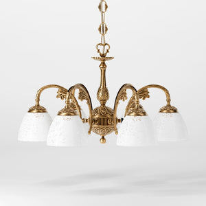 Art Nouveau brass chandelier with six arms and speckled white glass, ideal for elegant interiors by Ghidini 1849 - Finish: OBS Bronze Satin Brass