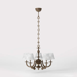 Classic brass chandelier with five arms and white fabric shades decorated with floral patterns adjustable chain traditional style - Finish: OAS Antique Brass