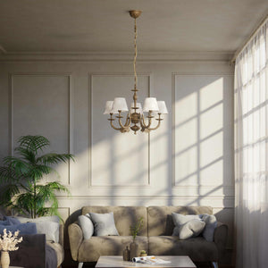 Classic brass chandelier with five arms and white fabric shades decorated with floral patterns adjustable chain traditional style - Finish: OAS Antique Brass