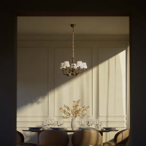 Classic brass chandelier with five arms and white fabric shades decorated with floral patterns adjustable chain traditional style - Finish: OAS Antique Brass