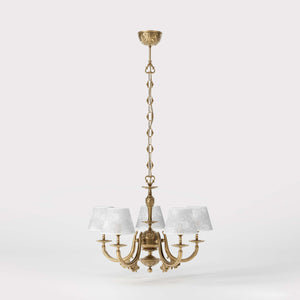 Classic brass chandelier with five arms and white fabric shades decorated with floral patterns adjustable chain traditional style - Finish: OBS Bronze Satin Brass