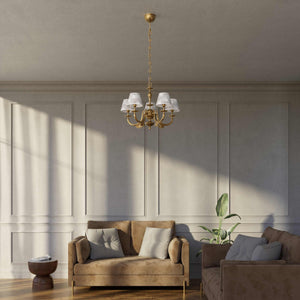 Classic brass chandelier with five arms and white fabric shades decorated with floral patterns adjustable chain traditional style - Finish: OBS Bronze Satin Brass