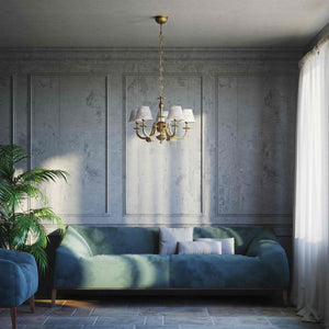 Classic brass chandelier with five arms and white fabric shades decorated with floral patterns adjustable chain traditional style - Finish: OBS Bronze Satin Brass