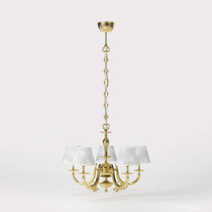 Classic brass chandelier with five arms and white fabric shades decorated with floral patterns adjustable chain traditional style - Finish: OLV Polished Brass